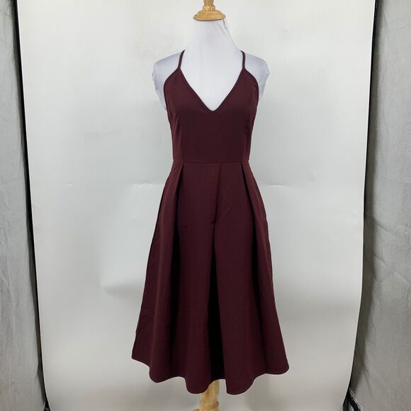 Eliacher Pleated Summer Party Dress Womens 4/6 Maroon V Neck Backless Pockets - Picture 2 of 16